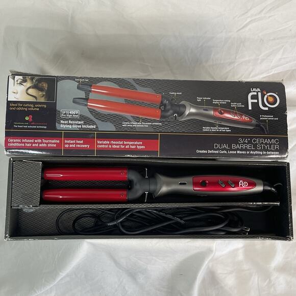 Lava Flo Other - Lava Flo Ceramic Dual Barrel Styler 3/4 Red Model LF-734TC No Heating Glove Rare
